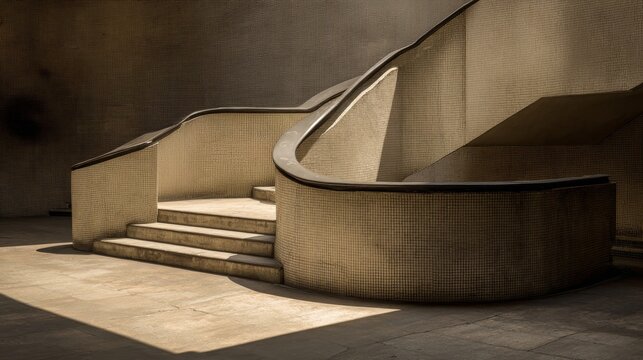 Minimalist concrete staircase with soft lighting shadow play, architectural geometry and modern interior design concept showing clean lines, spatial depth, brutalist style calm contemporary atmosphere