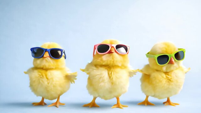 Three cute yellow chicks wearing colorful sunglasses jumping and dancing together. Playful Easter and spring holiday concept