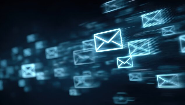 High quality photo of Digital background with glowing email icons moving quickly through cyberspace