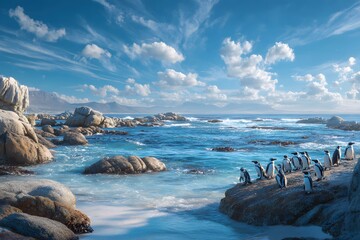 Colony of penguins on rocky shore with ocean sky wide view perfect for banners