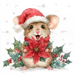 Cute Watercolor Christmas Mouse in Santa Hat Holding Red Poinsettia with Holly Berries on White Background