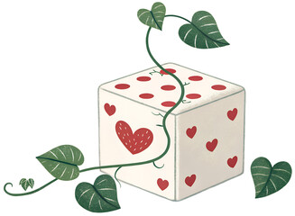 Minimal cube sprouting a playful heart-shaped vine.