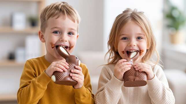 two young children happily biting chocolate bunny candies, showing playful easter moment, sweet treats, and joyful childhood scene