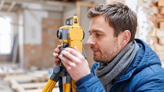 professional surveyor measuring interior space with a total station on a tripod inside a building site, illustrating precision work for construction and renovation projects