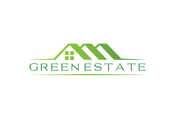 Modern green estate logo with minimalist house roof and leaf for eco-friendly real estate