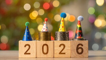 Wooden blocks with "2026", coins, festive hats against bokeh lights