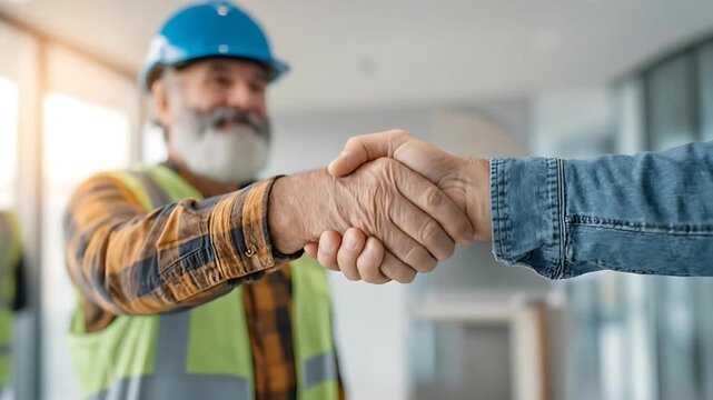 Two professionals shaking hands in a modern office building with a contractor in the background wearing a hard hat and safety vest