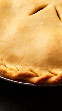 Vertical video: Entering left, fork pressing pie crust with vents on counter, forming crimp