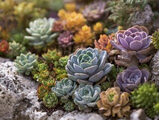 Vibrant succulent garden with colorful plants on rocks