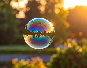 A shimmering soap bubble reflects the sunlit surroundings