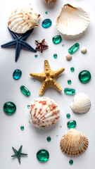 Seashells, starfish, & glass pebbles scattered on white surface, from above view