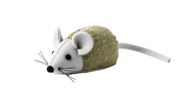 Catnip mouse toy with felt body and cat grass fur isolated on transparent background