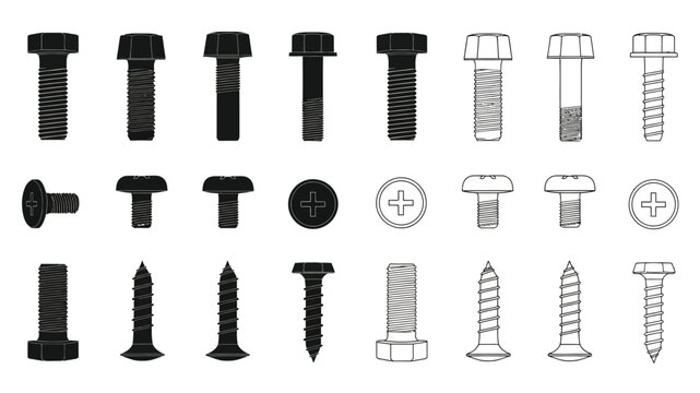 Collection of various black and silver metal screws and bolts displayed