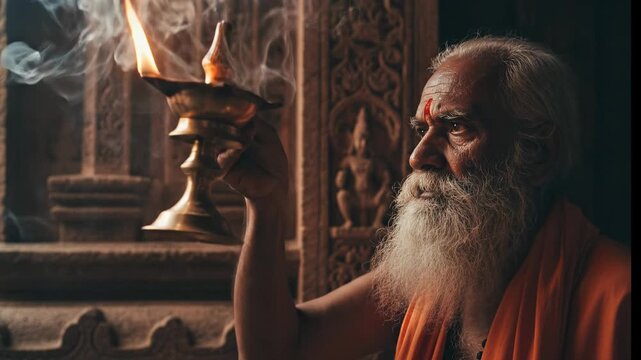 Cinematic Portrait of Elderly Hindu Sadhu Priest with Long White Beard Holding Lit Brass Oil Lamp during Aarti Worship Ritual inside Ancient Temple Depicting Spiritual Devotion Concept