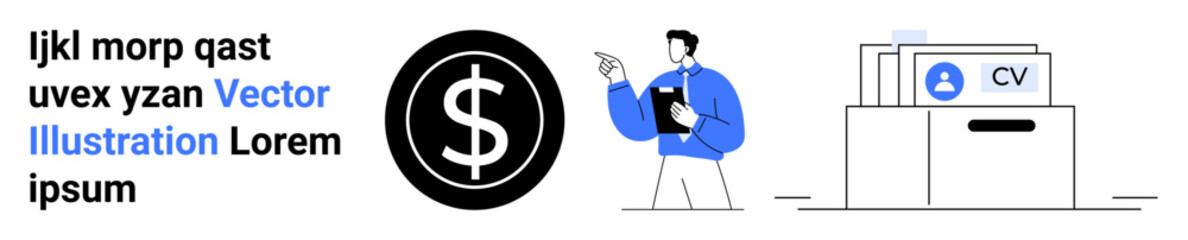 Obraz premium Career planning, job applications, financial investment, hiring process, recruitment, economic growth. Black dollar symbol, professional figure document folder with resumes. Career planning