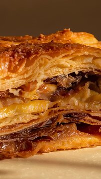 Vertical video: Zooming camera revealing laminated pastry slice on pale tray, showing amber filling