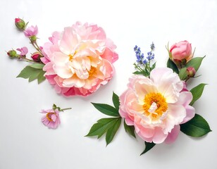 Obraz premium Soft pink blooms and buds arranged on a pristine white background