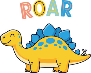 Naklejka premium Cute Stegosaurus Dinosaur with Roar Text Cartoon Illustration for Kids Isolated on White