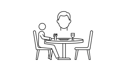 Fototapeta premium Single person dining at table with empty seat and guest icon