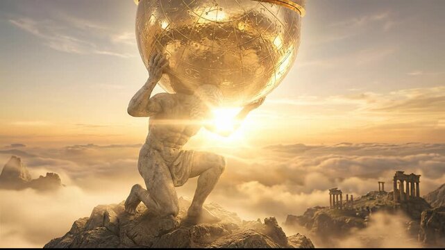 Epic Mythological Statue of Titan Atlas Kneeling on Mountain Peak Holding Golden Globe Sphere on Shoulders above Clouds with Sunlight