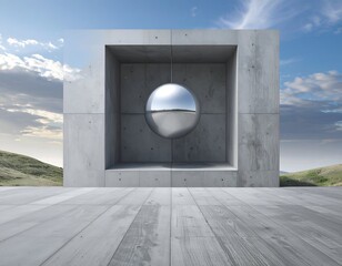 Concrete cube frames a reflective sphere against a sky with hills