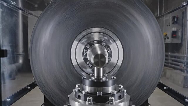 Large industrial rotor or flywheel spinning at high speed, showcasing advanced engineering, heavy machinery, and precise manufacturing technology in an industrial setting.