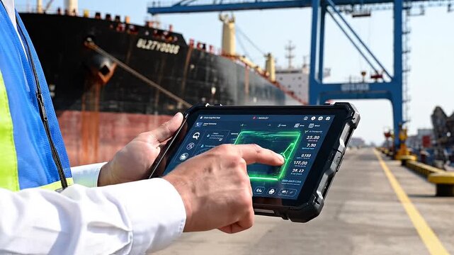 Logistics professional uses a rugged tablet to analyze real-time shipping data and manage port operations near a large cargo ship, highlighting modern maritime technology.