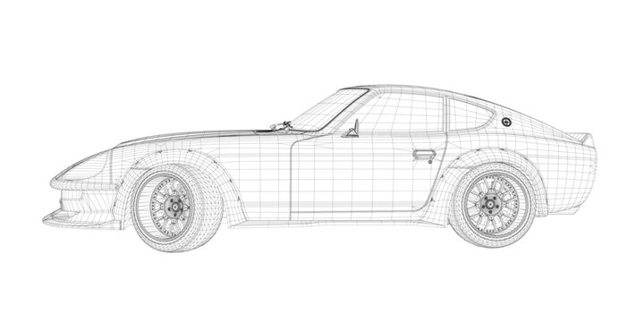 A 3D wireframe model of a classic sports car on a white background reveals its detailed engineering and iconic silhouette.