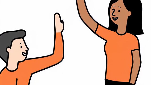 Young woman and man in orange shirts engage in a high-five gesture, with the man seated in a wheelchair, showcasing a moment of connection and joy in a bright, minimalistic setting