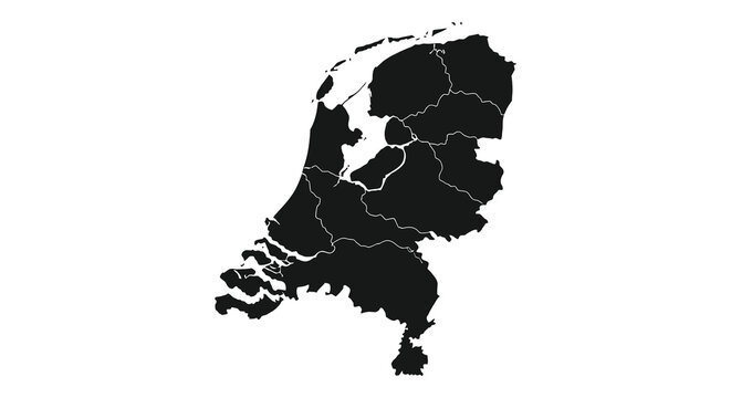 A black silhouette of the netherlands map with defined provincial borders on transparent background high quality professional detailed modern elegant stylish