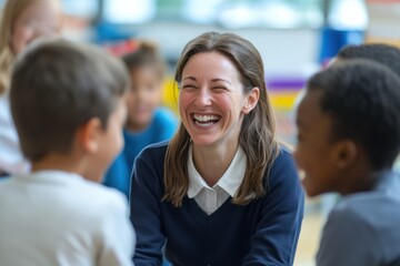 Obraz premium Fun and Laughter in the Classroom: Teacher and Students Share a Joyful Moment, Promoting Positive School Culture