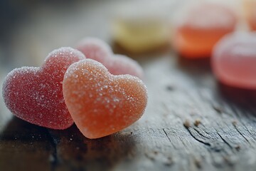 Obraz premium Heart shaped gummies dusted with sugar on wooden surface candy