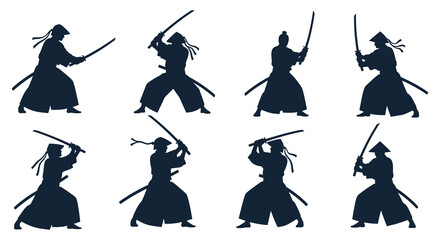 A collection of eight samurai warrior silhouettes in dynamic poses wielding katanas on transparent background high quality professional detailed modern elegant