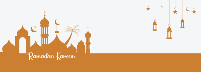 Ramadan Kareem background in a modern linear style. Islamic greeting card template with a city with palm trees. Vector poster illustration.