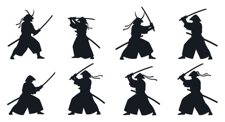 Obraz premium A collection of eight dynamic samurai warrior silhouettes in various fighting poses on transparent background high quality professional detailed modern elegant