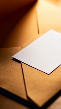 Vertical video: Camera moving kraft envelopes showing white card on desk kraft seal dried bouquet