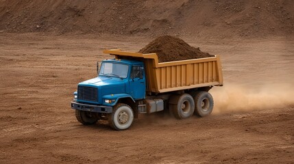Obraz premium A blue dump truck loaded with soil moves across a dusty brown construction site kicking up dust