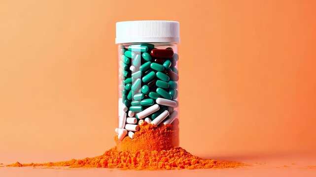 Pills toppling from bottle surrounded by powder on vibrant orange background