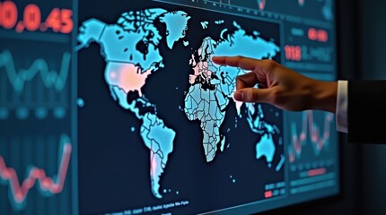 Fototapeta premium Hand pointing at a digital world map with financial data overlay