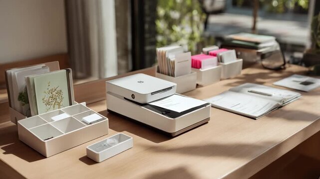 Medium shot of a modern receipt scanning station featuring a compact flatbed scanner with intuitive controls and an organized workspace for efficient digitization.