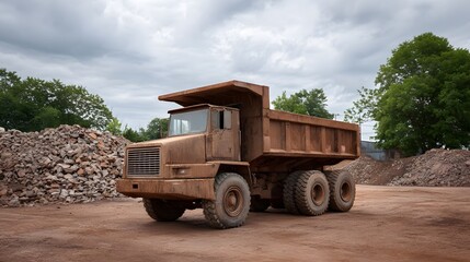 Obraz premium A large mud covered dump truck parked in an industrial outdoor setting next to piles of rubble under a cloudy sky