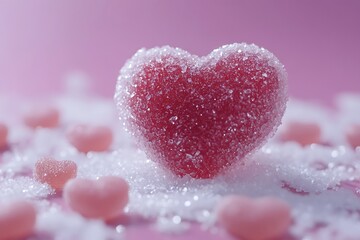 Fototapeta premium Heart shaped candy sugar crystals pink background sweets treats