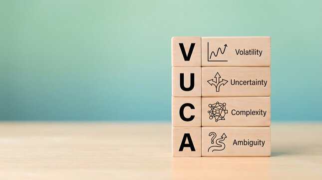 VUCA concept wooden blocks with volatility uncertainty complexity ambiguity