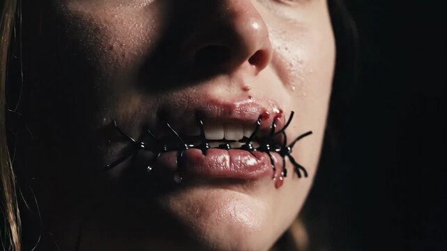 Close-up of a person's mouth with black stitches and blood. Horror concept of enforced silence and suffering. Graphic depiction of pain and restriction