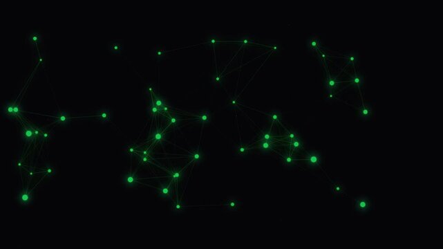 Modern abstract digital network connection motion with glowing green dots moving on dark background