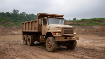 Obraz premium Mud covered heavy duty dump truck operating in a construction quarry with wet earth and overcast sky