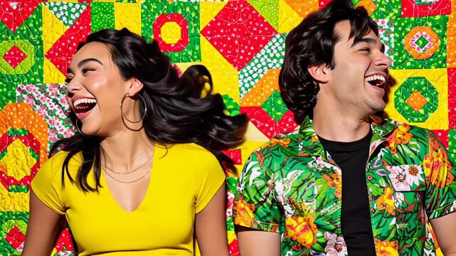 Young Hispanic couple laughing joyfully together, with flowing hair and bright clothing, against a vibrant patchwork background of colorful fabric patterns
