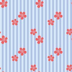 Seamless floral pattern with simple flowers on blue striped background. Cute spring repeating wallpaper.