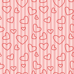 Hand drawn heart seamless pattern on pink striped background. Cute doodle love wallpaper for valentine design.