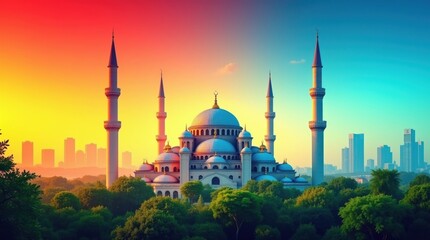 Fototapeta premium Vibrant abstract sky over a majestic mosque and cityscape